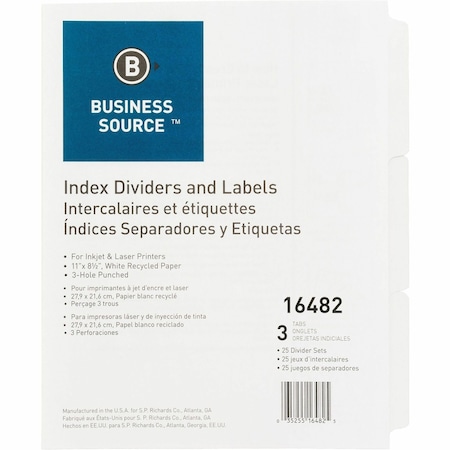 Business Source Index Dividers and Labels, 3 Tabs, 3-Hole Punched, White, PK25 BSN16482
